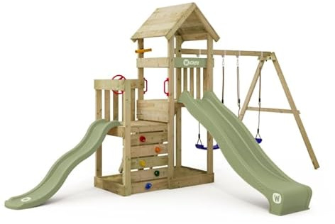 Wickey Tour de Jeu Skyflyer avec Toboggan Vert Pastel 120 et 90 cm et Bâche Vert Pastel, Double Balançoire, Appareil de Jeu pour Le Jardin en Bois