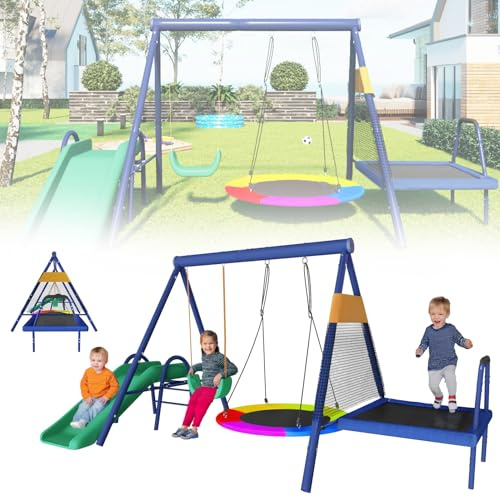 RRrawgff Ensemble balançoire de Jardin avec Toboggan, capacité 270 kg, 5 en 1 pour extérieur - Équipé de toboggans, de Trampolines et de balançoires