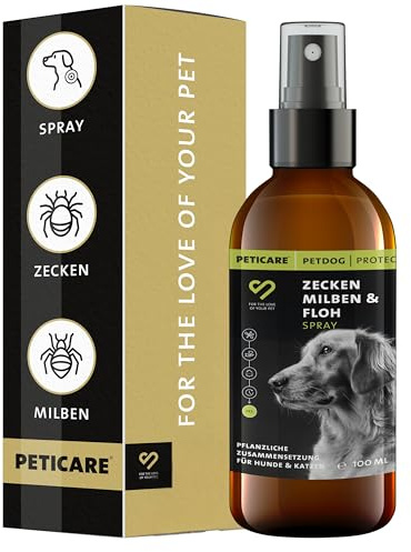 Peticare Zeckenspray für Hunde & Katzen – Sofort-Schutz Schild gegen Zecken Flöhe Milben – Ohne Nervengifte – Wasserbasiert mit ätherischen Ölen & Saltidin – Parasiten Abwehrspray Repellent (100 ml)