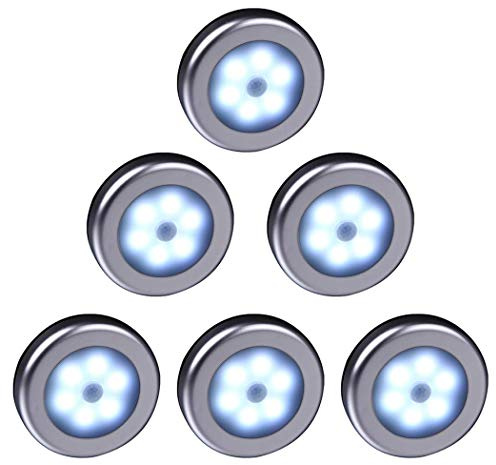 WRalwaysLX Wireless Motion Sensor LED Cabinet Light Stick-Anywhere Nightlight for Stairs, Hallway, Closet, Kitchen, Bedroom(009 6pcs Cool Light- Silver Shell)
