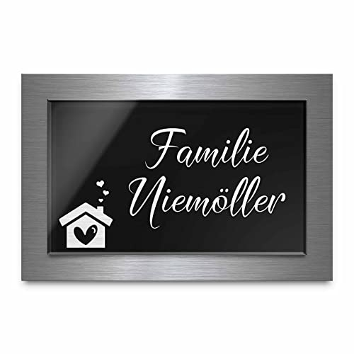 Premium Türschild aus Hochglanz Acrylglas und V2A Edelstahl | Namensschilder mit Gravur und Motiven Familienschild Türschilder für die Haustür mit Namen selbstklebend oder mit Bolzen 12x8 cm