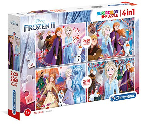 Clementoni 21307 Supercolor Frozen 2 – Puzzle 2 x 20 + 2 x 60 Teile ab 3 Jahren, buntes Kinderpuzzle mit besonderer Leuchtkraft & Farbintensität, Geschicklichkeitsspiel für Kinder