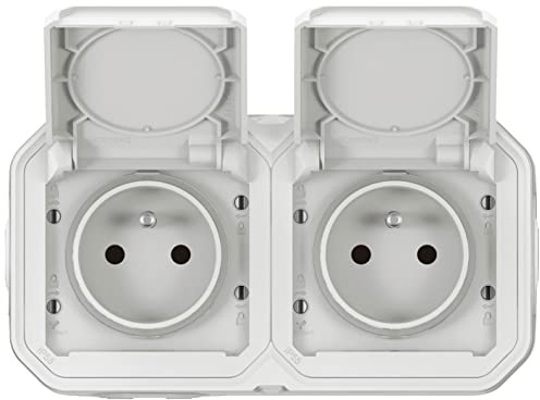 LEGRAND - Prise Etanche Double IP55 avec Terre Plexo - Prise 2P+T 16A Complète avec Volet - Pour Pose en Apparent - Montage Horizontal - Fabriqué En France - Blanc