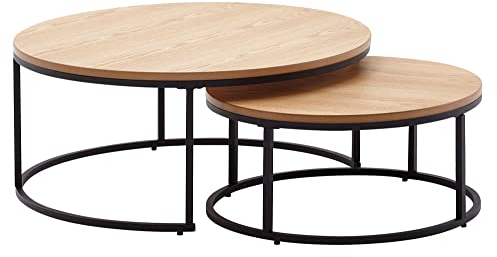möbelando Couchtisch 2er Set Holz/Metall Sofatisch Rund Eiche Modern | Design Beistelltisch 2-teilig | Runde Wohnzimmertische | Holztisch Satztische
