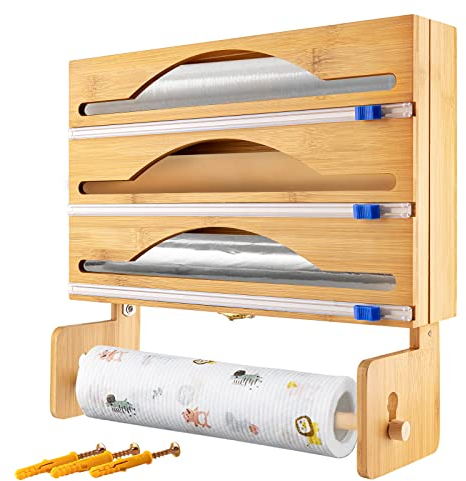 Cling Film Dispenser and Cutter, howllydo 4 in 1 Foil Dispenser Organizer with Paper Holder, Wall-Mount Bamboo Foil and Cling Film Dispenser for 12'' Roll