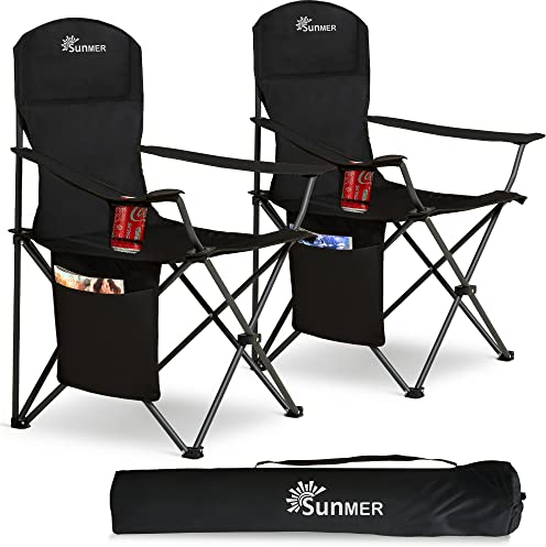 SUNMER Set of 2 Folding Camping Chairs, Extra-Wide Lightweight Outdoor Chairs with Armrests, Cup Holder and a Side Pocket, 120kg Capacity per Chair - Black