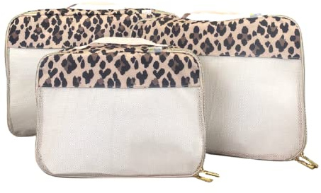 ITZY RITZY Set di 3 cubi da imballaggio grandi o organizer da viaggio; ogni cubo presenta una parte superiore in rete, doppie cerniere e un manico in tessuto; Leopard - Set grande