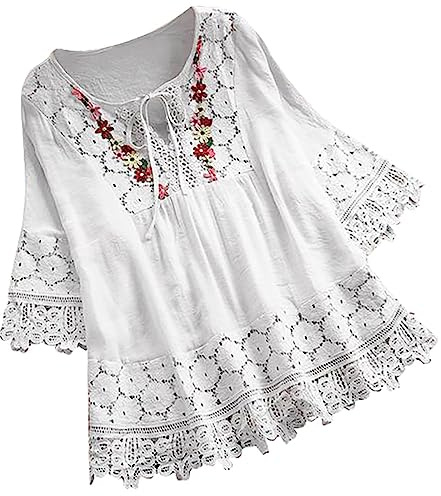 WINDEHAO Blusa de lino y algodón para mujer, tallas grandes, tallas S-5XL, elegantes camisas de encaje con flores bordadas, blusas con cordones huecos (blanco, 3XL)