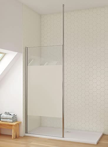 Aica Sanitär Walk in Dusche 90cm Duschabtrennung mit Stabilisierungsstange zu Decke Walkin Duschwand 8mm Nano Milchglasstreifen H200cm