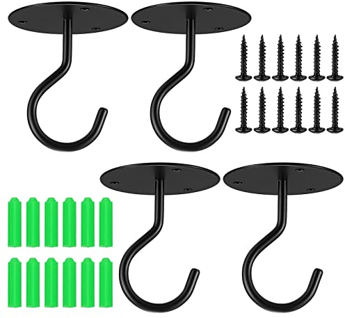 4 Pcs Black Ceiling Hooks - Heavy Duty Wall Mounted, Screw in for Hanging Plants, Bird Feeders, Lanterns, Planters, Outdoor Decoration with Screws