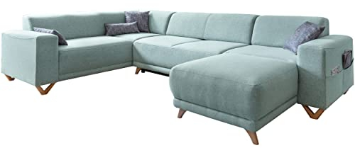 MIUFORM Ecksofa U-Form mit Schlaffunktion und Bettkasten | Classy Sophie | Wohnladschaft Couch Schlafcouch Wohnzimmer Gästezimmer | Holzfüße (Pastellblau, Links ausgerichtet)