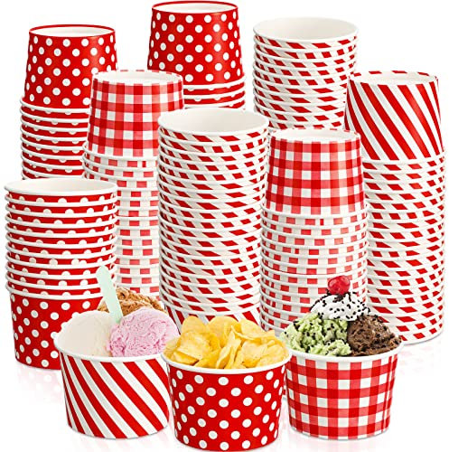 Zubebe 120 Pack Ice Cream Cups Disposable 9 oz Red Paper Ice Cream Bowls Checkered Plaid Dessert Cups for Sundae Yogurt Soup Dessert Picnic Party Supplies