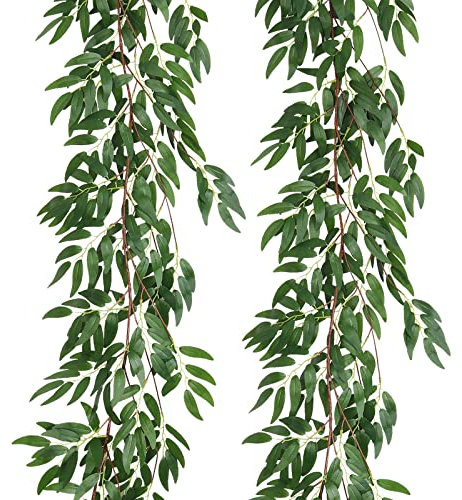 RECUTMS Artificial Willow Leaves Vine Twigs 2Pcs 5.7Ft Fake Hanging Ivy Plants Silk Green Leaf Rattan Garland Greenery Decor for Indoor Outdoor Home Wedding Arch Jungle Beach Birthday Party Garden