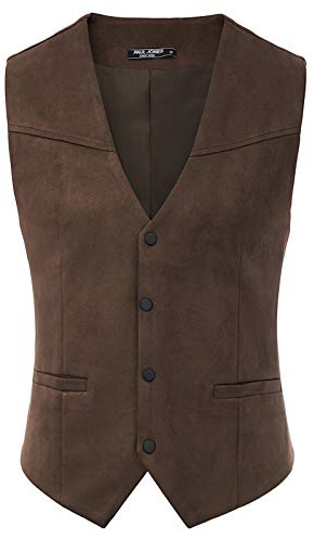 PJ PAUL JONES Mens Faux Suede Leathr Suit Vest Western Cowboy Dress Vests with Pockets Coffee