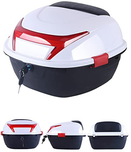 HDBODY Großes Fassungsvermögen Topcase Motorradkoffer Mit Rotem Warnreflektor Und Grundplatte Für Die Montage Universal Scooter Case Boot Für Motorrad Und Scooter,Weiß,37x41x27cm