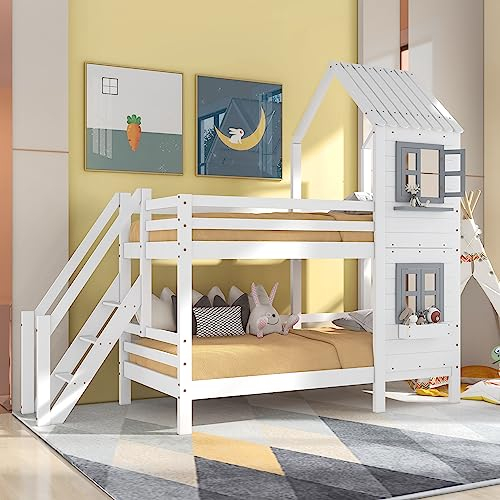 Baumhaus Kinderbett, Etagenbett mit Handlauf und Fenster, Hausbett, Kinderbett mit Fallschutz und Gitter, Rahmen aus Kiefer, Platzsparendes Design (90x200cm)