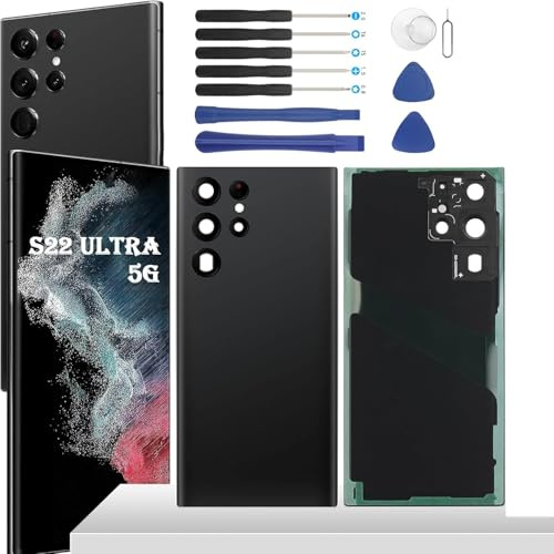 YHX-OU 6.8'' Akkudeckel für Samsung Galaxy S22 Ultra 5G Rückseite Glas Backcover Back Glas Ersatz Reparatur Rückseite Set mit Kameraobjektiv + Werkzeug(Schwarz)