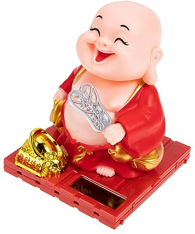 Abaodam Maitreya Buddha Figur Solarbetrieben Nickend Mit Fächer Rote Desktop Schmuck Für Auto Innenraum Und Tischdekoration Bruchfest Und Wetterbeständig