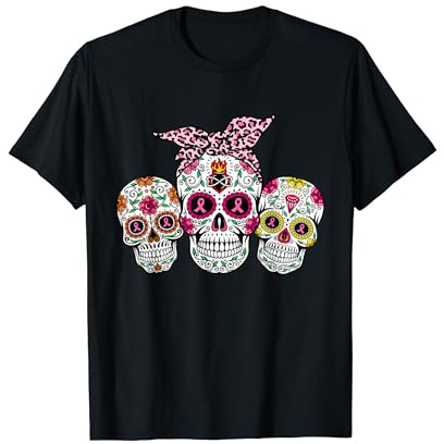 Leopard Bandana Sugar Skull Brustkrebs Bewusstsein T-Shirt