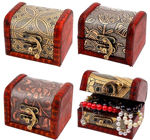ELICNA Mini Coffre au Trésor en Bois, 4Pcs Coffre à Bijoux en Bois, Petite Boîte Rétro, Mini Boîte de Rangement pour Ranger Colliers, Boucles d'Oreilles, Bagues