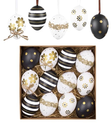 Valery Madelyn 12er Ostereier zum Aufhängen für Osterdeko,6cm Modern Plastikeier für Ostern Deko,Schwarz Gold Weiß Ornament für Osterkörbchen Frühlingsdeko,Ostern Geschenke Kinder