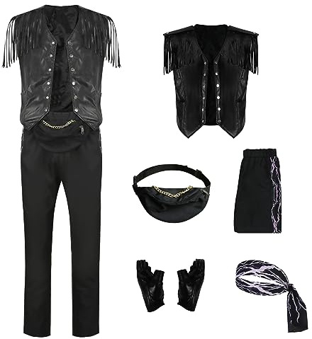 AYYOHON Mens Fringe Leather Vest Cowboy Vest Sleeveless Jacket Pants Bandana Gloves Fanny Pack Set Adult Tassel Outwear Suit 3XL