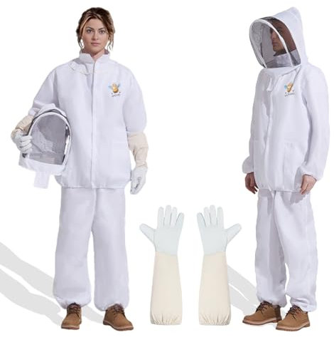 Professioneller Bienenanzug für Herren und Damen, Imkeranzug Imkeranzug mit Handschuh, Weiß, M-4.9-5.2