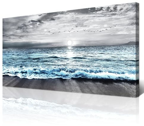 Wapluam Large Canvas Wall Art For Living Room & Bedroom Decor - Black & White Blue Sea Wave Pictures - Framed Beach Posters