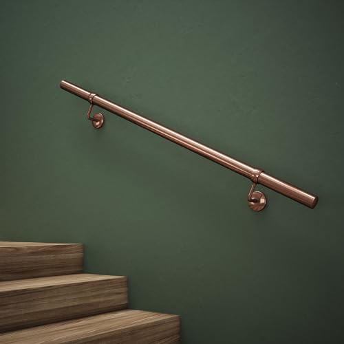 Rothley Stair Handrail Kit 1.2M Steel Bannister, Antique Copper | Includes wall brackets, end caps, and Fischer wall plugs with no drilling needed; can be easily cut to length.