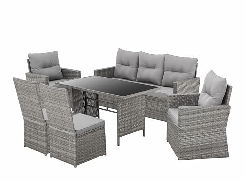 AVANTI TRENDSTORE - Andalusien - 6-teilige Garten-Lounge, bestehend aus 2 Einzelsesseln, 1 Sofa, 2 Hockern und 1 Couchtisch, aus grauem Polyrattan und transparentem Glas, inklusive grauen Kissen.