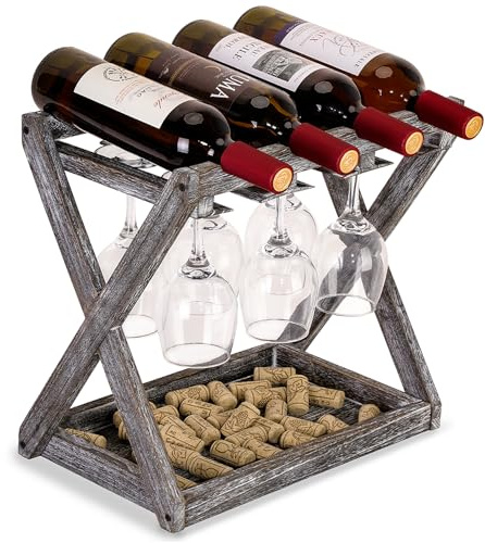 WDSHIYI Estante de vino de madera para 4 botellas y 6 soportes para copas de vasos, estantes de vino de encimera con soporte de vidrio para cocina, sala de estar, bodega, color negro rústico