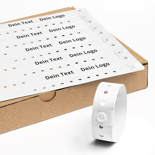 Personalisierbar Einlassbänder Vinyl 500 Stück - 19x255 mm Weiß | Events und Party Eintrittsbänder mit Personalisierten Text/Logo - Wasserdicht Festival Armbänder - Club Bänder