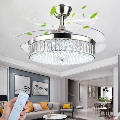 Cristal Lámpara Con Ventilador de Techo Aspas Retráctiles Silencioso - Luz y Mando a Distancia CC Reversible 6 Velocidades 3 Colores Moderno - Silver||122CM