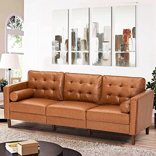ACMEASE 84 Inches Modern Faux Leather 3-Seat Sofa w/2 Bolster Pillows & Tufted Backrest, Mid-Century Couch, Premium 3 Seaters Sofa for Living Room, Bedroom, Office, Brown