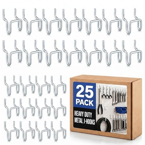 Tandefio 25 Pcs Heavy Duty Metal Pegboard Slatwall Hooks and Hangers U Shaped Hooks Bulk for Hanging Tools 1/8 Inch and 1/4 Inch Pegboard Bins or Slatwall Retail Shops Garage Workshop Craft