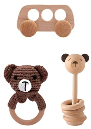 3pcs Gehäkelte Babyrassel baby Häkeln Holz Greifling Baby Sachen Beißring Baby handrassel Baby Shaker Rassel Spielzeug Baby Beruhigendes Spielzeug Baby Beißring Holz gehäkelte Baby Rassel