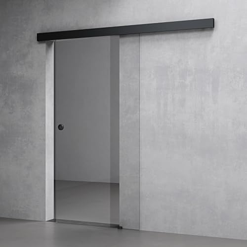 Mai & Mai Glasschiebetür komplettset Schwarz Klarglas | Griffart: Muschelgriff, BxH: 102.5x205cm, 15 mm Wandabstand, 8mm ESG-Sicherheitsglas