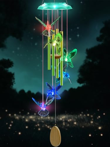 Wind Chimes,Hummingbird Solar Wind Chimes for Outside,Green Gradation Aluminum Tubes Deep Tone Memorial Wind Bell for Garden/Patio Mobiles Decorative Gifts for Mom, Wife, Grandma Neighbors(37 Long)