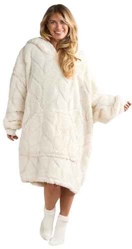 OHS Braided Fleece Hoodie Blankets, Winter Warm Cosy Blanket Hoodies for Women Girls Soft Fluffy - Cream, Blush