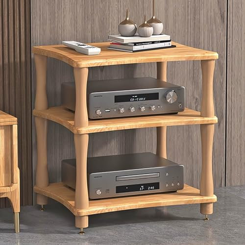 JIAOCKJIAO Audio Rack Hi Fi Regal, Record Player Stand aus Massivholz, Hi Fi Racks mit Stoßdämpfenden Fußnägeln aus Kupfer, Plattenspieler Regal, für Zuhause, Büro(Natural,3 Tier 60x48x64CM)