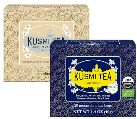 Kusmi Tea - Anastasia + Bouquet de Fleurs - Lot de 2 boîtes - Thé Noir Biologique à la Bergamote + Earl Grey Biologique à la Bergamote et à l'Ylang-Ylang - 2x20 Sachets de Thé