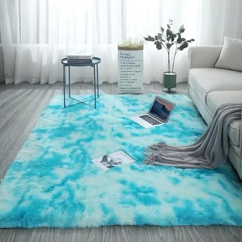 AIMECO Hellblau Batik Hochflor Teppich120x180cm | Flauschig Anti-Rutsch & Waschbar Weicher Teppich, Skandinavischer Stil, Ideal für Wohnzimmer & Kinderzimmer