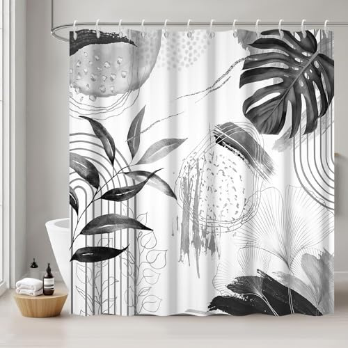 Uiiooazy Duschvorhang 180x200cm Anti Schimmel Tropisch Grau Palmenblätter | Duschvorhang Dschungel Abstrakt Ginkgo Wasserdicht Stoff Polyester Waschbar Bad Vorhang mit 12 Haken für Badezimmer