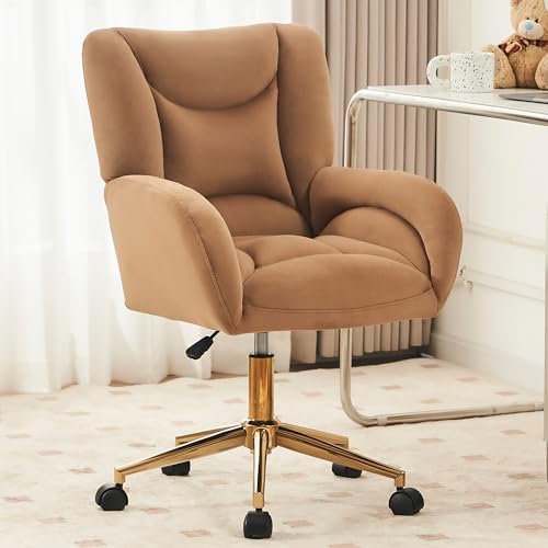 DEKKETO Schreibtischstuhl Samt, Drehstuhl Mit Leisen Rollen, HöHenverstellbar BüRostuhl Mit Lehne, Modern Schminkstuhl Mit Goldenem FußKreuz FüR Das Schlafzimmer, Braun
