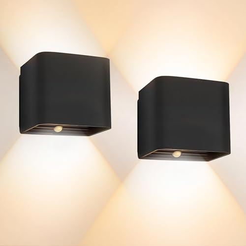 Kimuwote LED Wandleuchte Innen/Aussen mit Bewegungsmelder, 2 Stück Wandlampe 3000K Warmweiß Wandbeleuchtung Akku Einstellbar Wasserdichte, Außenwandleuchte für Wohnzimmer Garten,Schwarz