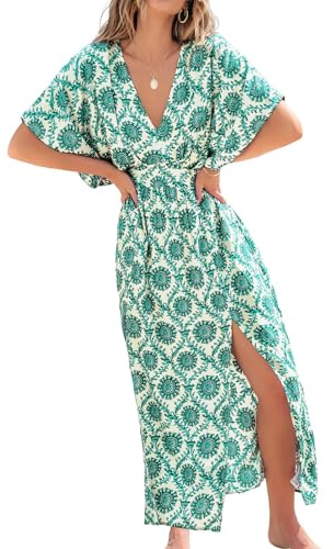 CUPSHE Vestido largo bohemio de verano para mujer, escote en V, media manga dolman, cintura con abertura lateral, vestido de playa para vacaciones, Verde, Large