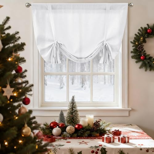 Vangao Raffrollo Leinenoptik Weiß Raffgardine Scheibengardinen Modern Küche Bistrogardine 1er Set 105Bx110Hcm mit Stangendurchzug für Wohnwagen Gardinen Kurz Küchengardinen Lichtdurchlässig