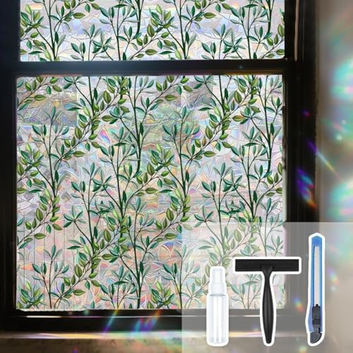 Leaf Stained Glass Window Film Static Cling with Tools - 23.6 x 78.7 Inch Non-Adhesive Privacy Decorative Rainbow Film for Windows, Doors, Sidelights - Easy Install & Remove