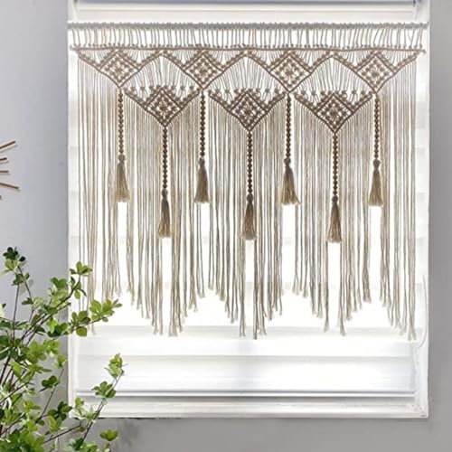 Macrame Curtains with Wooden Beads, Short Woven Bistro Curtains, Wall Hanging Tapestry, Outdoor Divider Drapes, 100x80cm (Beige) - Stylish