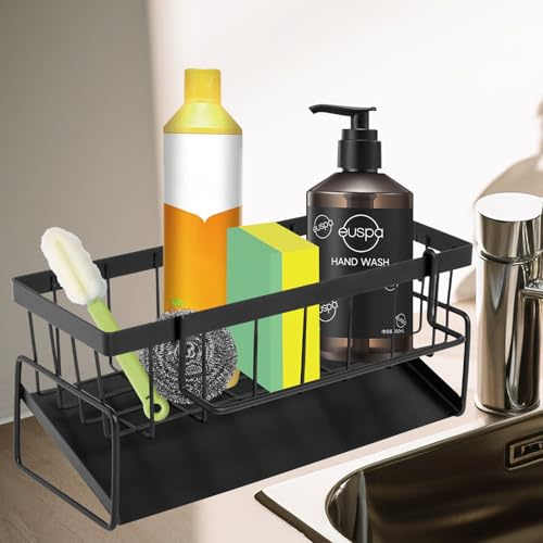 YIWONFU Organizer per lavello (23,5 x 9 x 10,5 cm), svuotamento automatico da cucina, con porta asciugamani, in acciaio al carbonio, per stoviglie